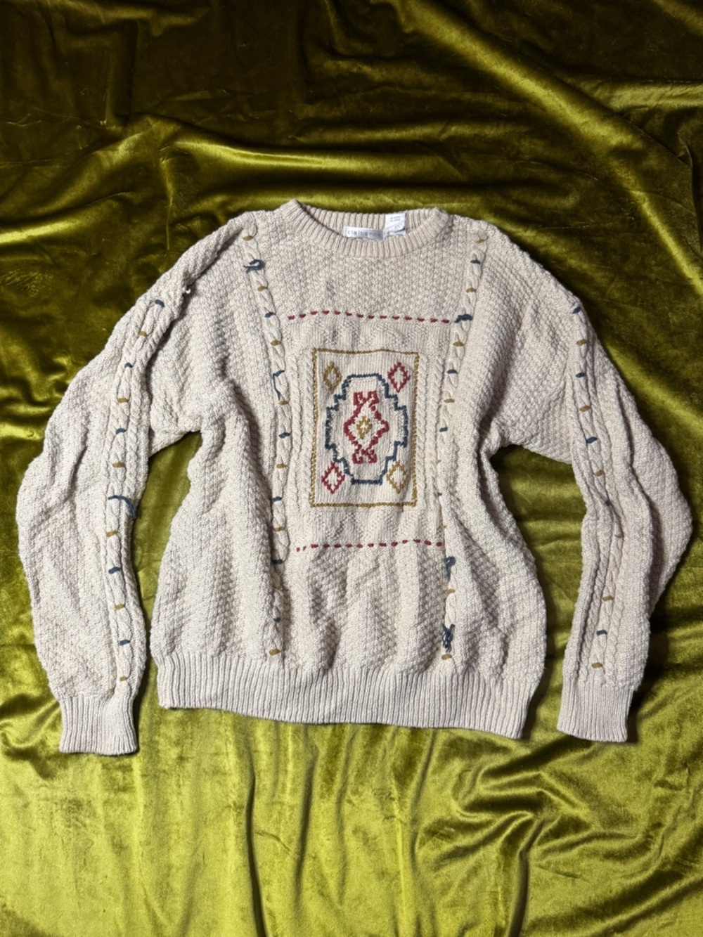 Claiborne Beige Crewneck Sweater with Multicolor Embroidered Panel